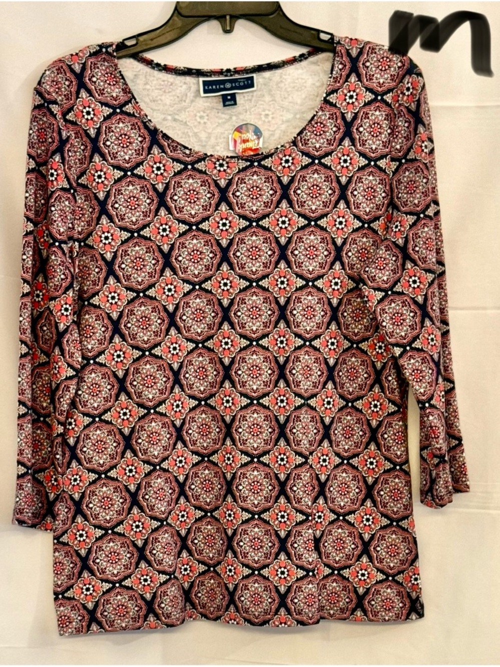 Karen Scott Long Sleeve Patterned Tee in Navy and Coral
